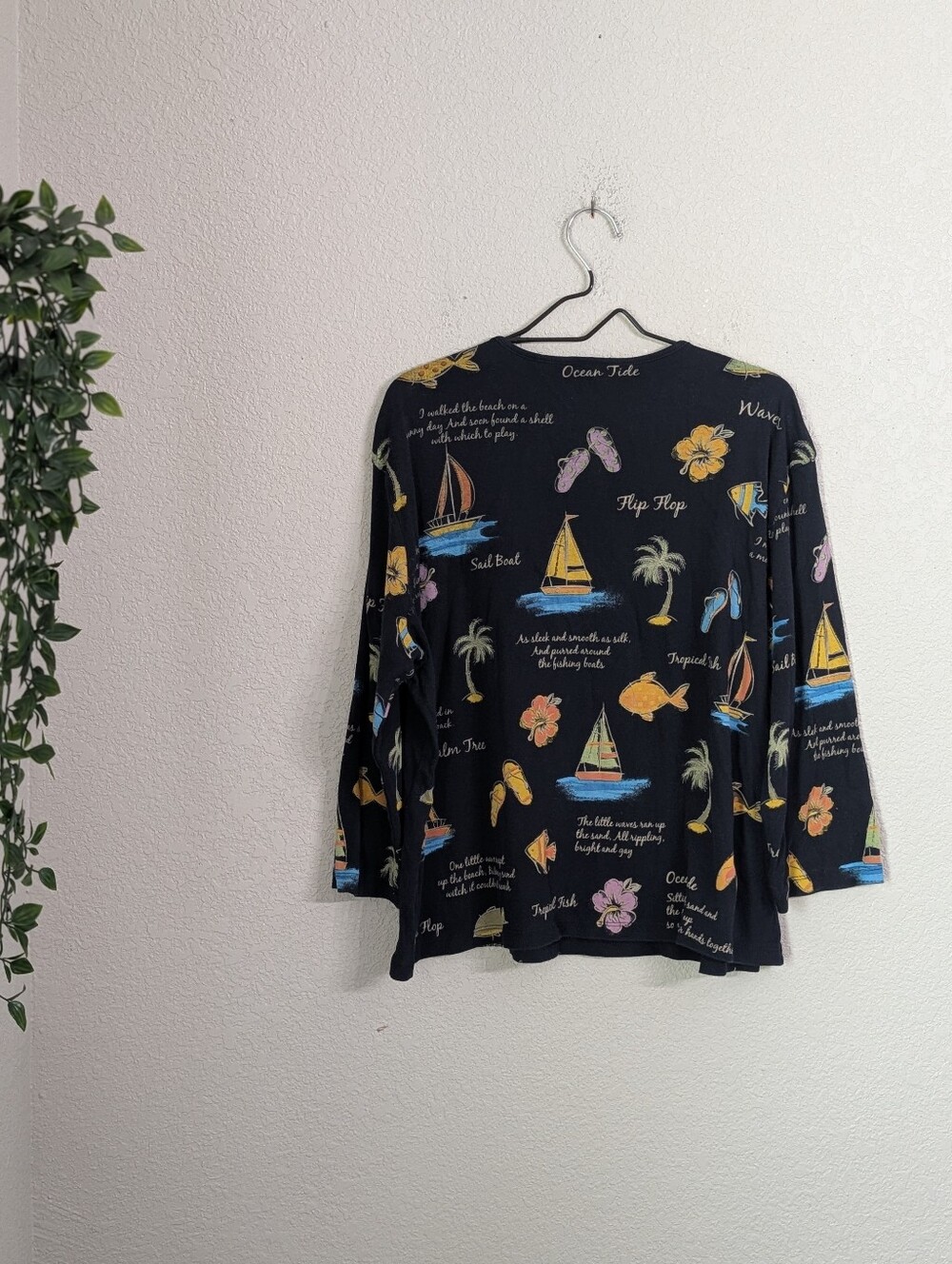 Jess & Jane Cotton Navy Blue Tropical Beach Print Top Tee Plus Size 1X Casual - Picture 3 of 6